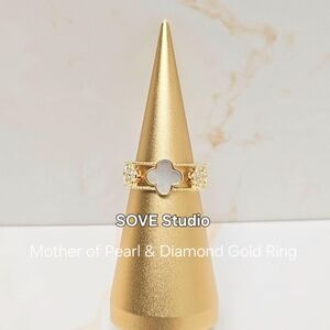 Clover Gold Ring with Mother of Pearl and Diamond, 925 Silver, 18K Gold, Size 8